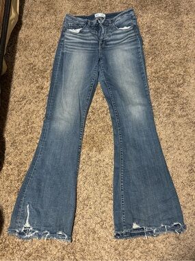 BKE Women's Flare Jeans in Medium Blue Wash with Distressed Hem